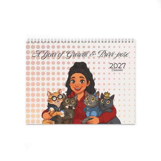 (Downloadable) 2027 Cat Wall Calendar — 'A Year of Growth & Purr-pose' Cute Cat Art Monthly Calendar