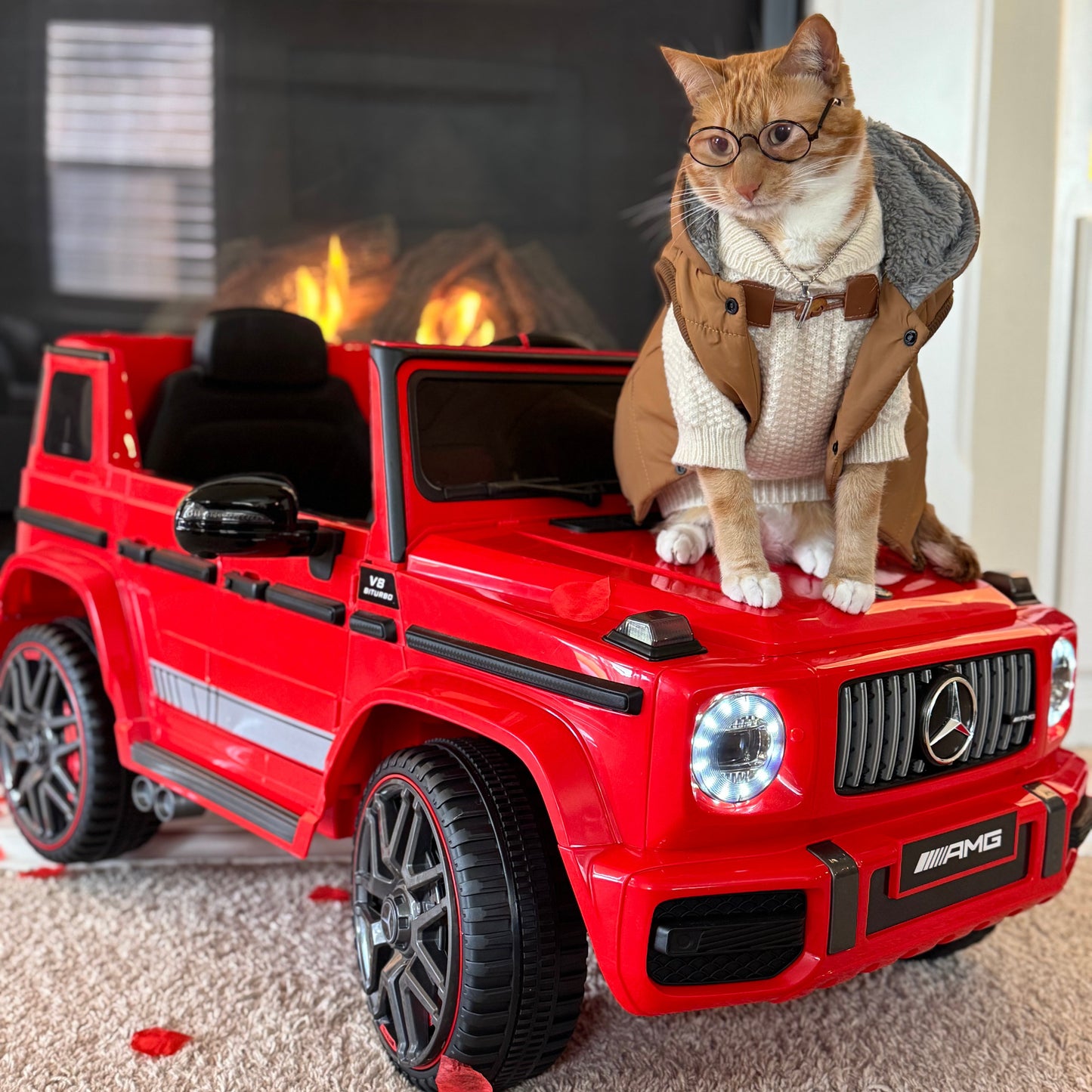 Cat wearing glasses and a coat standing on a red toy Mercedes-Benz G-Class car with a fireplace in the background.
