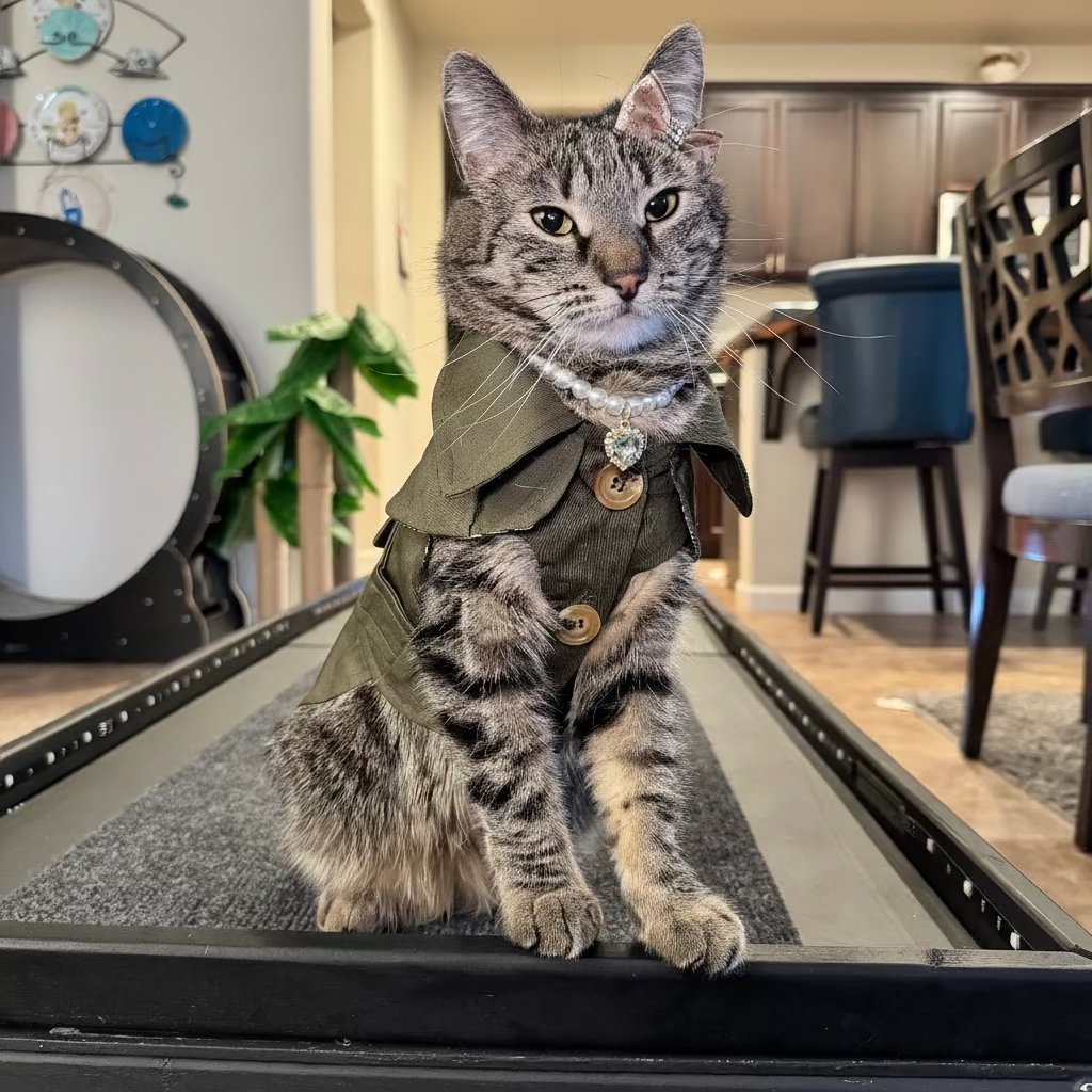 A gray tabby cat wearing an olive green military-style jacket sits on a glass-top table in a home interior setting.
