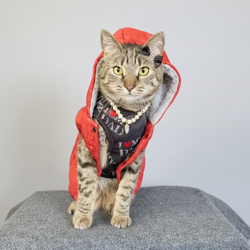 A tabby cat wearing a yellow hooded pet jacket and a black harness with red and white details, sitting on a gray surface against a dark gray backdrop.