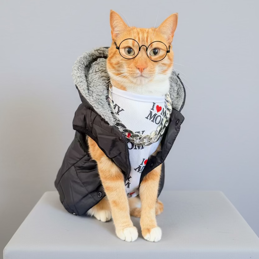 An orange tabby cat wearing round black glasses, a white graphic t-shirt, and a dark gray puffer vest with a gray faux-fur hood lining, sitting on a gray cushion against a black background.