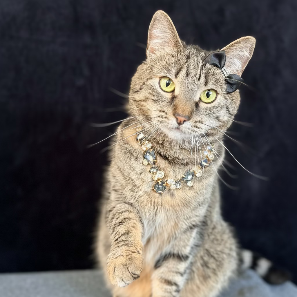 A brown tabby cat wearing a jeweled collar and a black bow, sitting on a gray surface against a dark textured background.