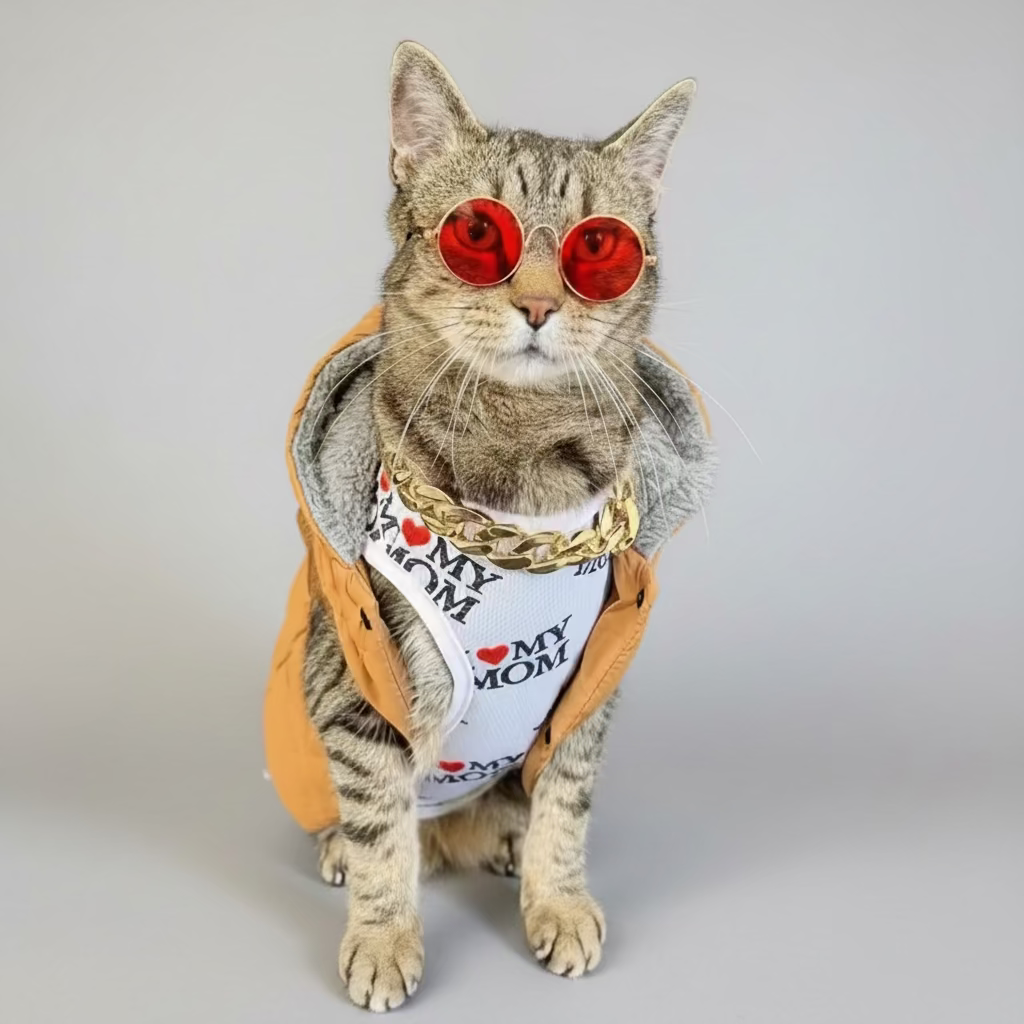 A tabby cat wearing round red reflective sunglasses, a gold chain necklace, and an orange vest over a white graphic shirt that says I Love My Mom.